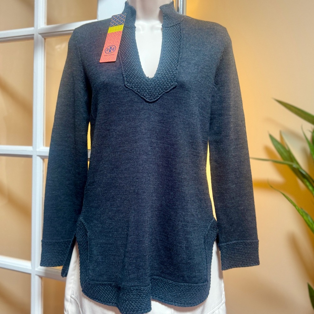 Tory Burch 100% Merino Wool Charcoal V-Neck Sweater